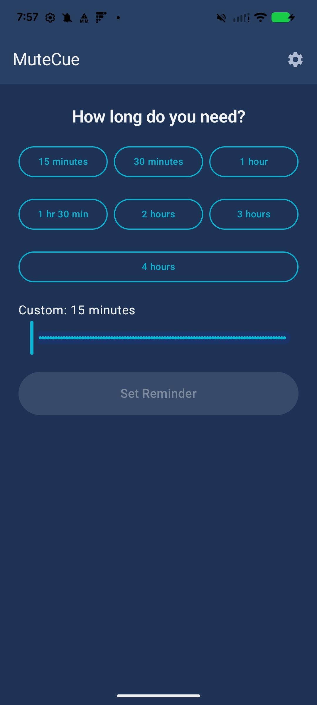 Android — duration picker with quick-select buttons